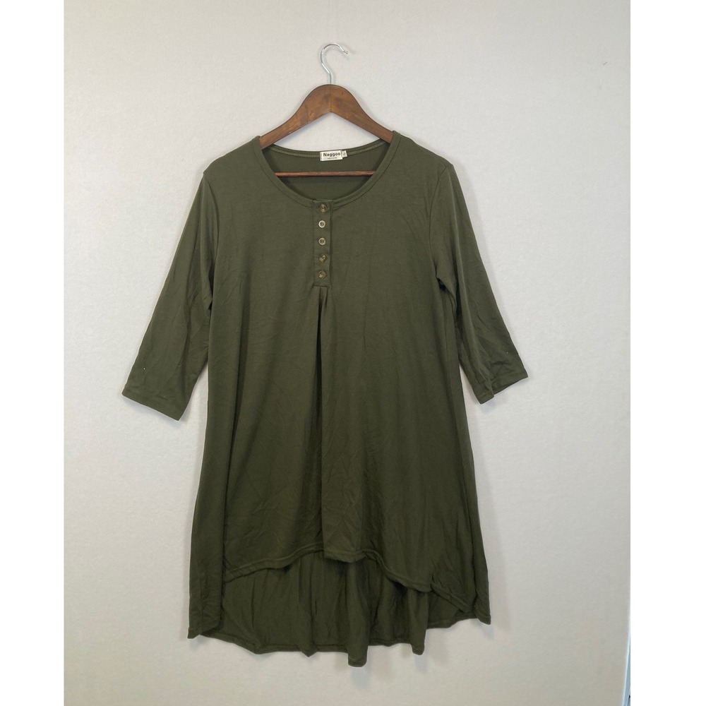 Naggoo Olive Green Button Neck High Low Tunic Top Women's Size‎ L